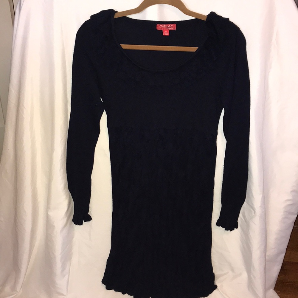 Ruffled navy long sleeve sweater dress